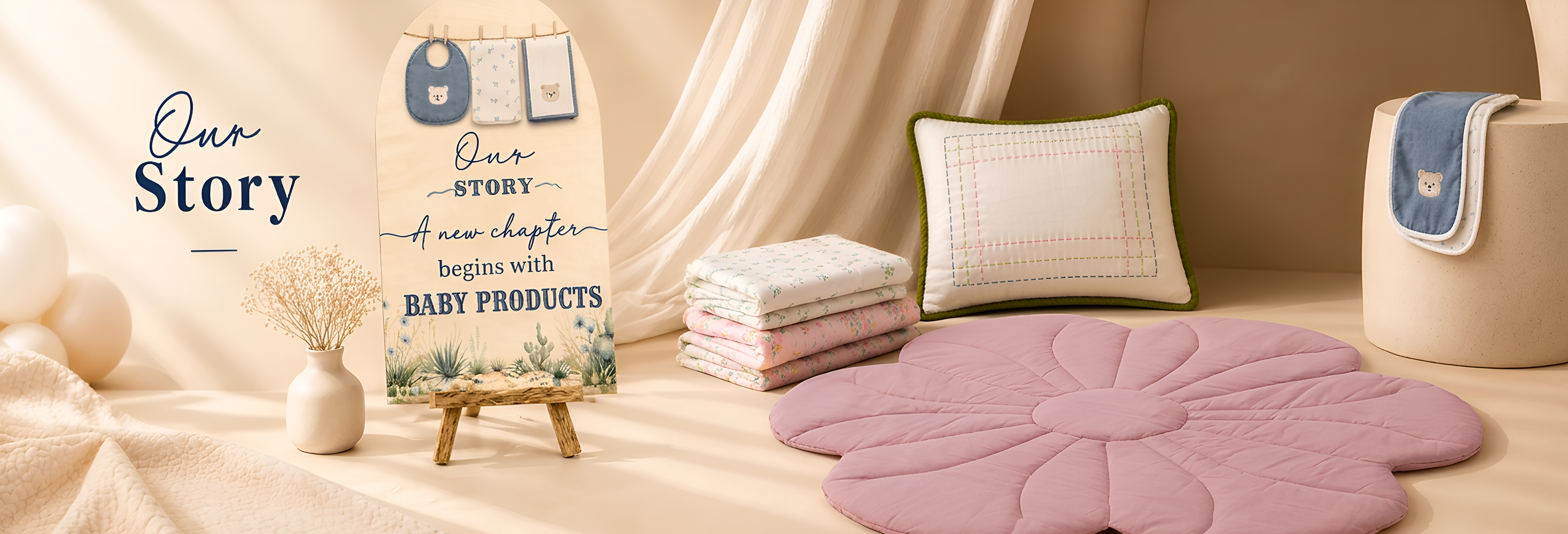 CozzyMozzy About Us banner: crafting comfort, warmth, and cozy memories for your little ones, shown in a sunlit nursery with a quilted playmat.