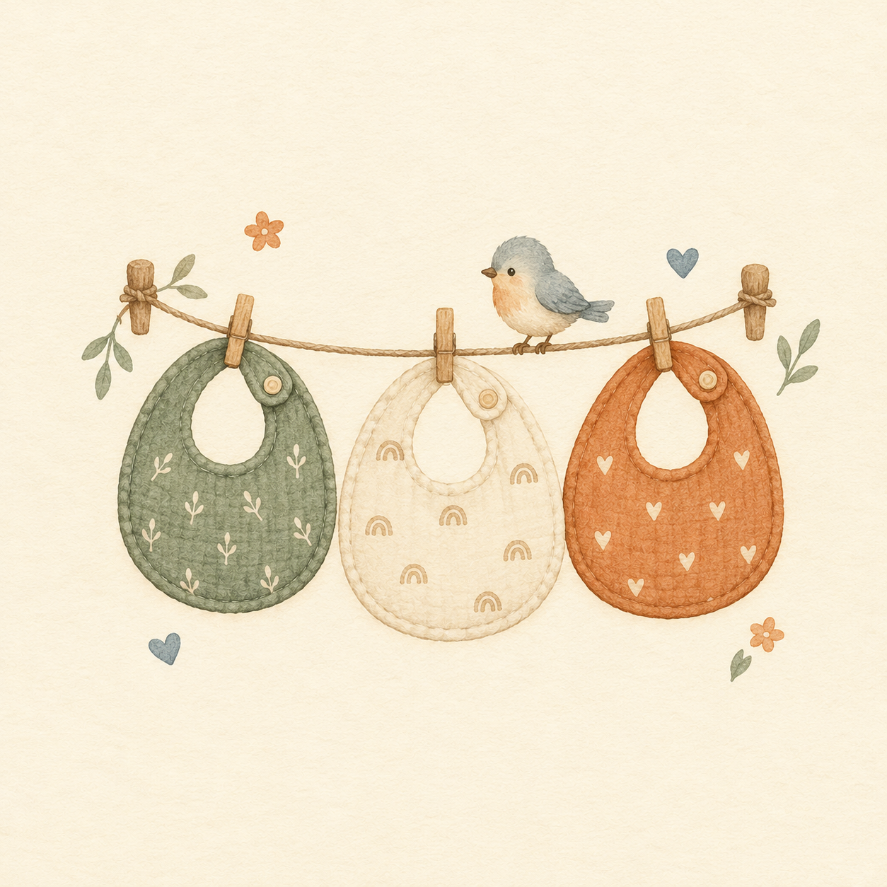 Watercolour baby bibs hanging on a clothesline