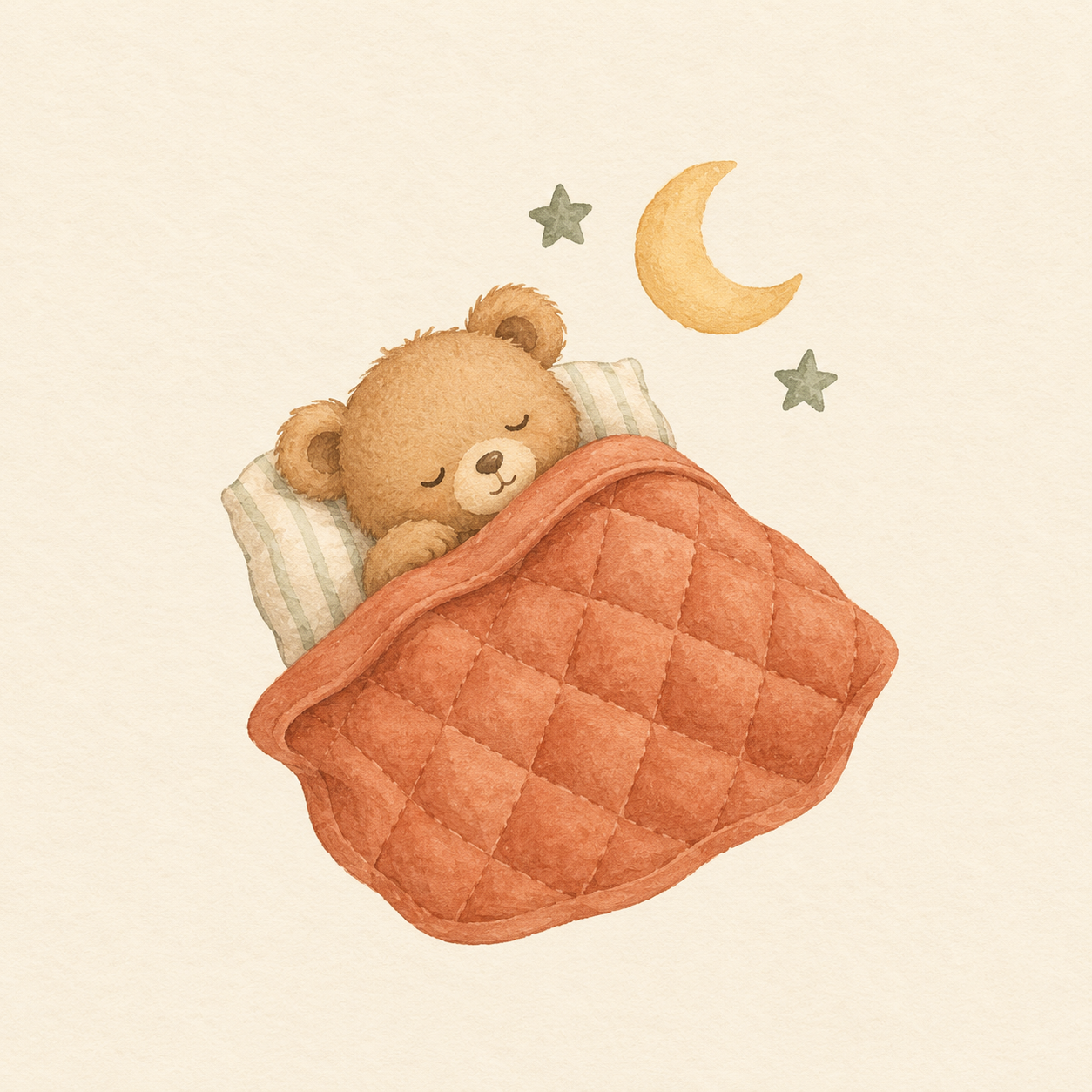 A sleepy teddy tucked under a cozy crescent-moon blanket