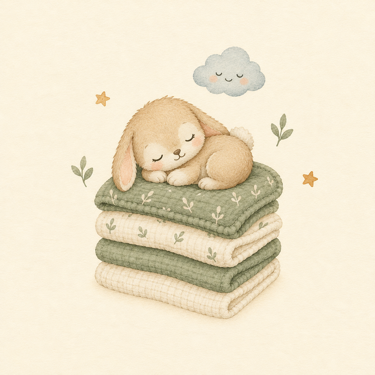 Sleepy bunny resting on cozy burp cloths