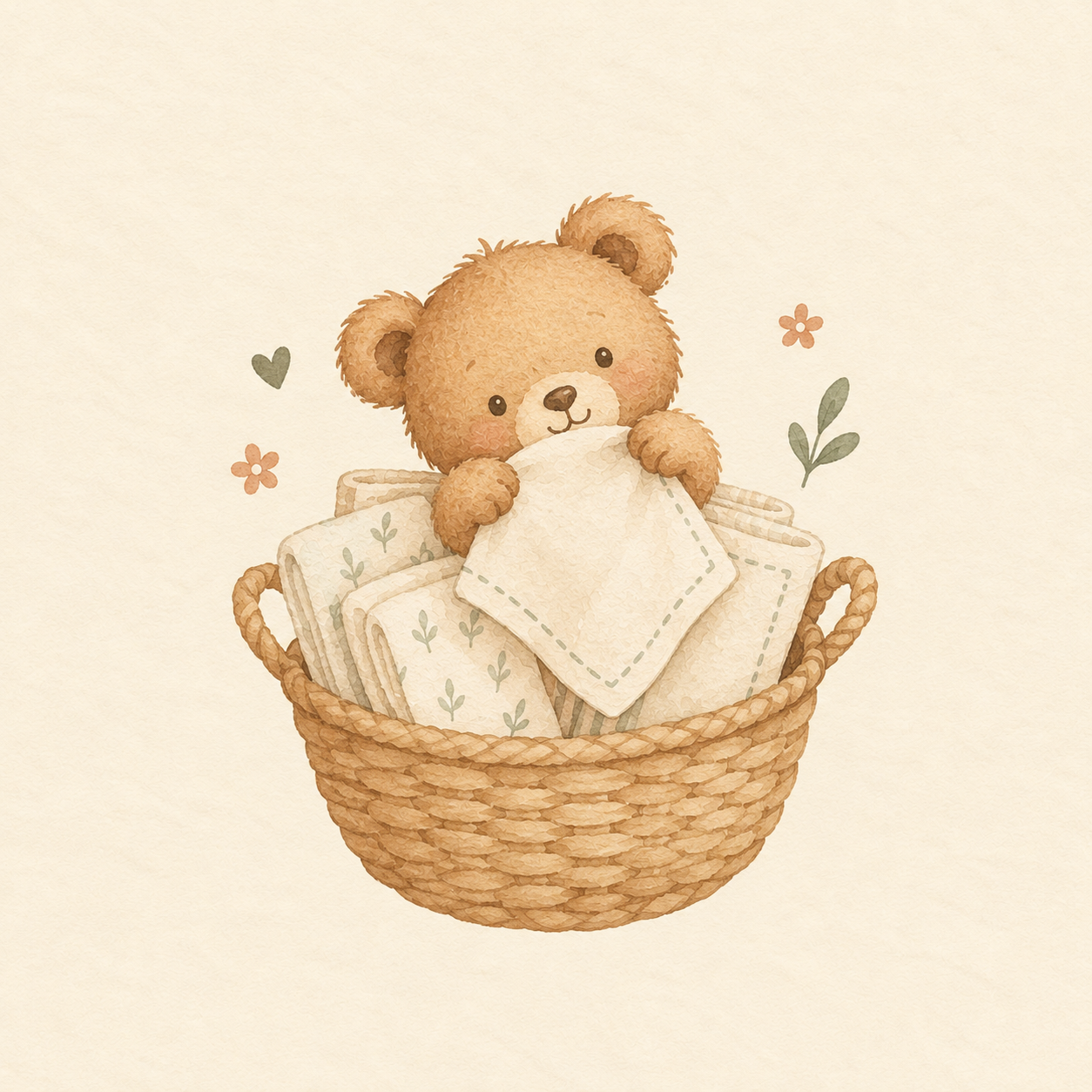 A teddy holding a soft cloth from a basket of baby napkins