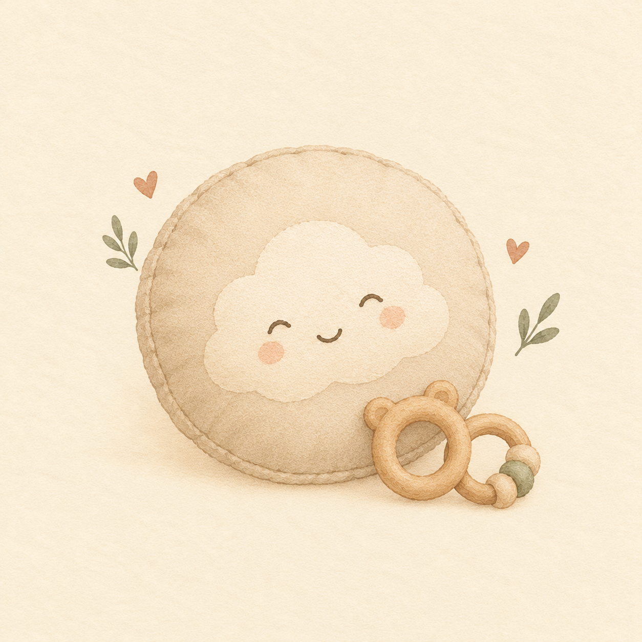 A cloud-shaped nursery cushion with wooden teethers