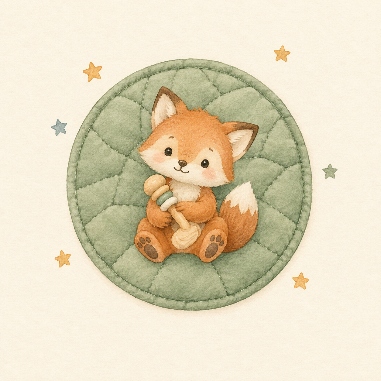 Watercolour fox toy resting on a sage green playmat